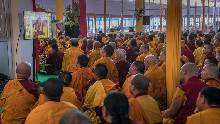 Монахи смотрят трансляцию учений Его Святейшества Далай-ламы, предваряющих посвящение Калачакры. Фото: Тензин Чойджор  (офис ЕСДЛ)