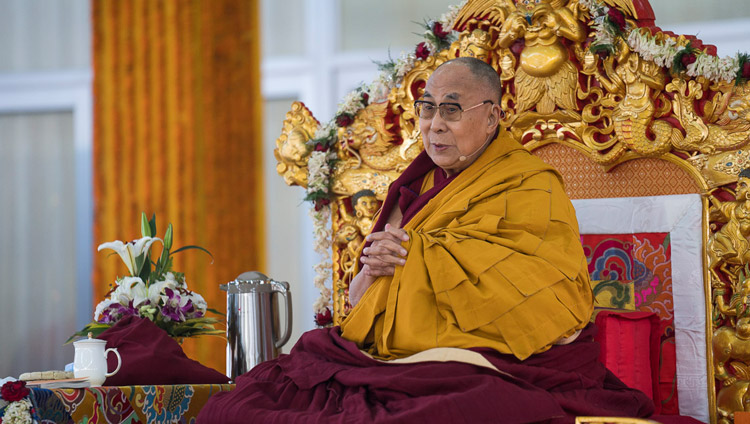 His Holiness the Dalai Lama speaking on the third day of teachings in Bodhgaya, Bihar, India on January 7, 2018. Photo by Lobsang Tsering