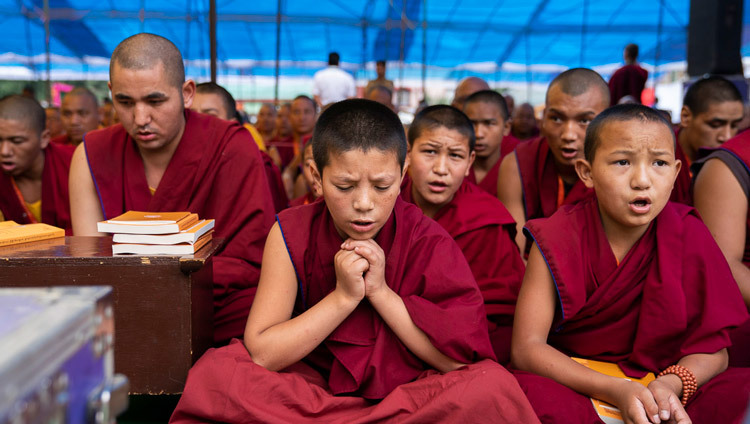 Юные монахи возносят молитвы во время первого дня учений Его Святейшества Далай-ламы в Манали. Фото: Тензин Чойджор (офис ЕСДЛ).