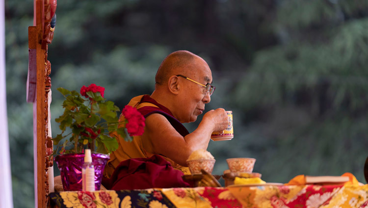 Его Святейшество Далай-лама пьет чай во время перерыва в ходе первого дня учений в Манали. Фото: Тензин Чойджор (офис ЕСДЛ).