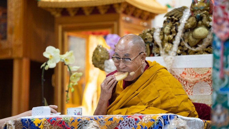 Его Святейшество Далай-лама ест лепешку во время первого дня учений для тибетской молодежи. Дхарамсала, штат Химачал-Прадеш, Индия. 30 мая 2023 г. Фото: Тензин Чойджор (офис ЕСДЛ).