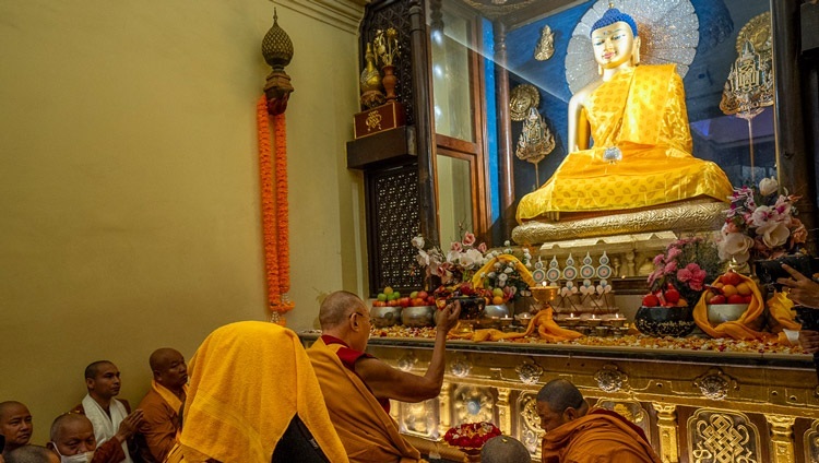 Его Святейшество Далай-лама читает молитвы перед статуей Будды в храме Махабодхи. Бодхгая, штат Бихар, Индия. 16 декабря 2023 г. Фото: Тензин Чойджор (офис ЕСДЛ).