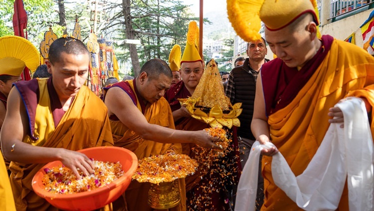 В знак благоприятствования монахи разбрасывают цветочные лепестки перед делегацией, несущей священные реликвии Будды, которые преподнесут в дар Его Святейшеству Далай-ламе. Дхарамсала, штат Химачал-Прадеш, Индия. 4 апреля 2024 г. Фото: Тензин Чойджор (офис ЕСДЛ).
